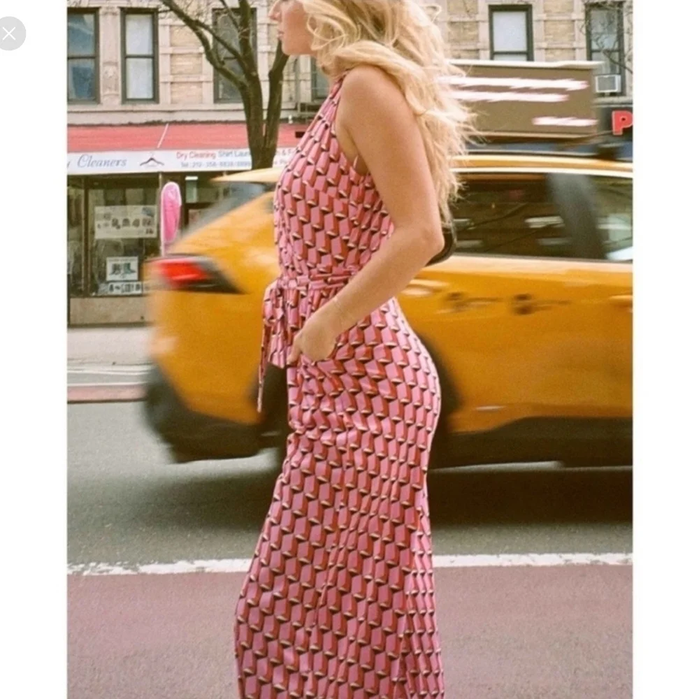 NWT Diane Von Furstenburg x Target V Neck Faux Wrap Geo Print Jumpsuit Pink XS